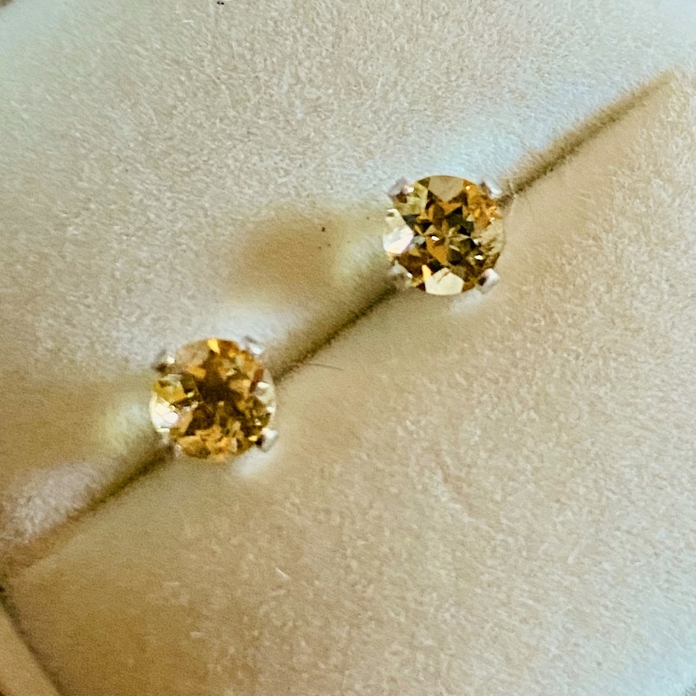 Vintage One Carat TW Citrine Princess Cut Sterling 60’s Solitaire Earrings